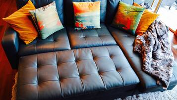 Smart TV, fireplace, video games, DVD player