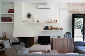 TV connectée, cheminée, lecteur de DVD, chaîne hi-fi