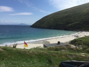 Une plage côtière avec un drapeau, des zones herbeuses et une vue dégagée sur la mer.