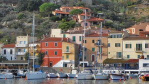 Un puerto deportivo con barcos amarrados, rodeado de edificios coloridos con tejados rojos, con un paisaje montañoso de fondo.