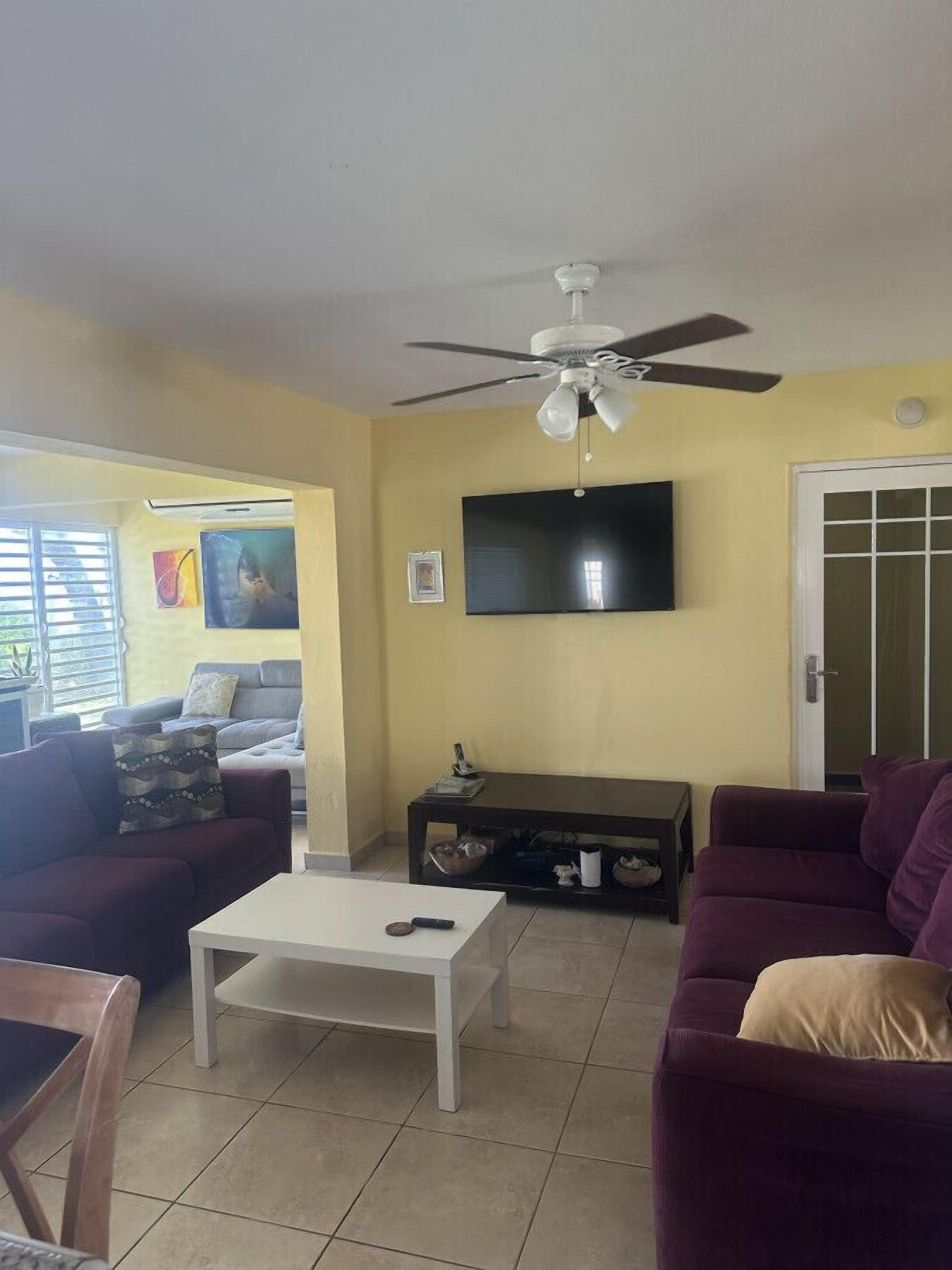 Una sala de estar con ventilador de techo, un televisor de pantalla plana y dos sofás.