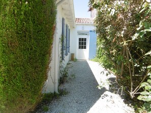 A narrow gravel path leading to a white building with blue shutters and a door.