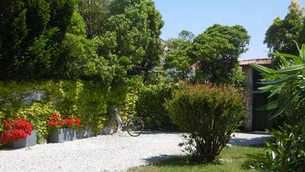 A gravel driveway leading to a building with a metal gate, surrounded by lush greenery and flowering plants. - Le relais de la Sicarde (Saint-Denis-d´Oléron)