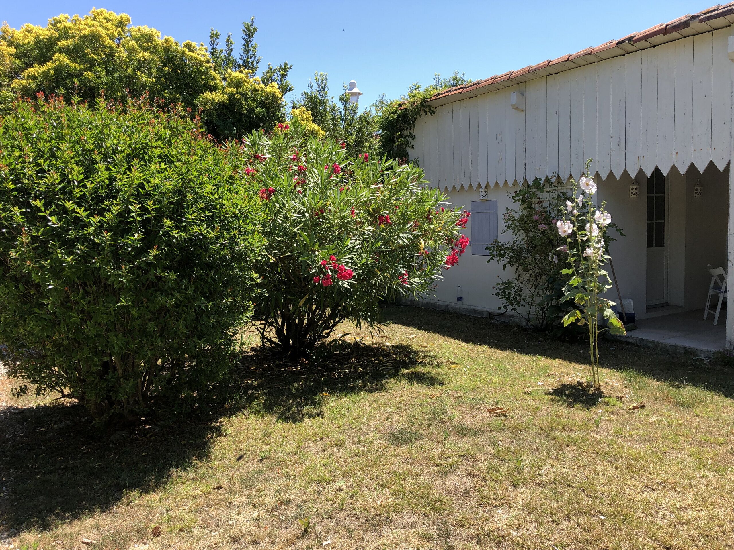 Un edificio con fachada blanca y tejado de tejas rojas. Cuenta con un pequeño jardín con plantas y flores diversas.