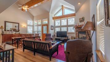 Televisión, chimenea, reproductor de DVD y libros