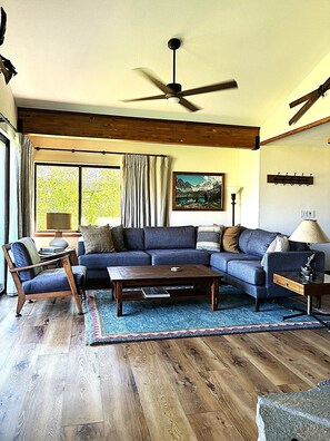 Flat-screen TV, fireplace