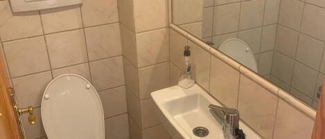 Un baño pequeño con inodoro, lavamanos y espejo.