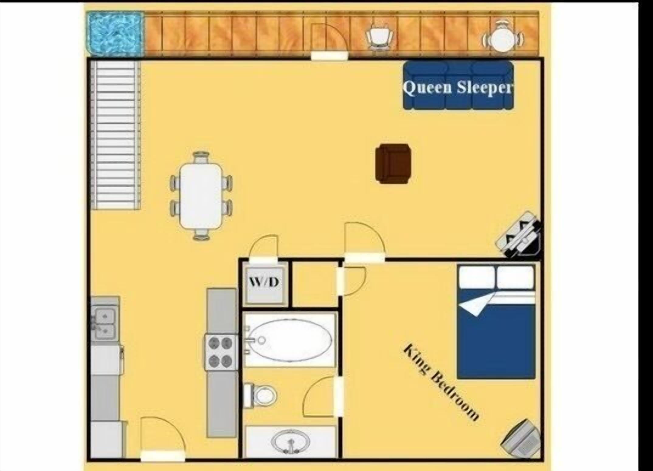 Indeling van een hotelkamer met een kingsize slaapkamer, een queensize slaapgedeelte, een wasruimte met wasmachine en droger, en een kitchenette.
