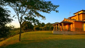 A house with a covered porch, surrounded by a grassy area and trees. - House with private pool 90 km northern of Rome (montecampano)