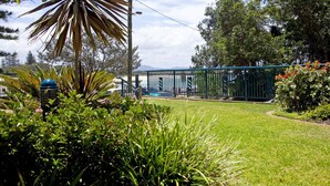 A well-maintained garden with a variety of plants and a metal fence.