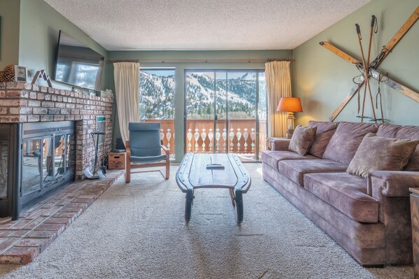 Televisión, chimenea y reproductor de DVD 