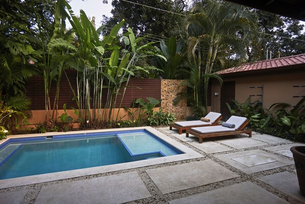 A swimming pool with two lounge chairs and a stone wall with plants.