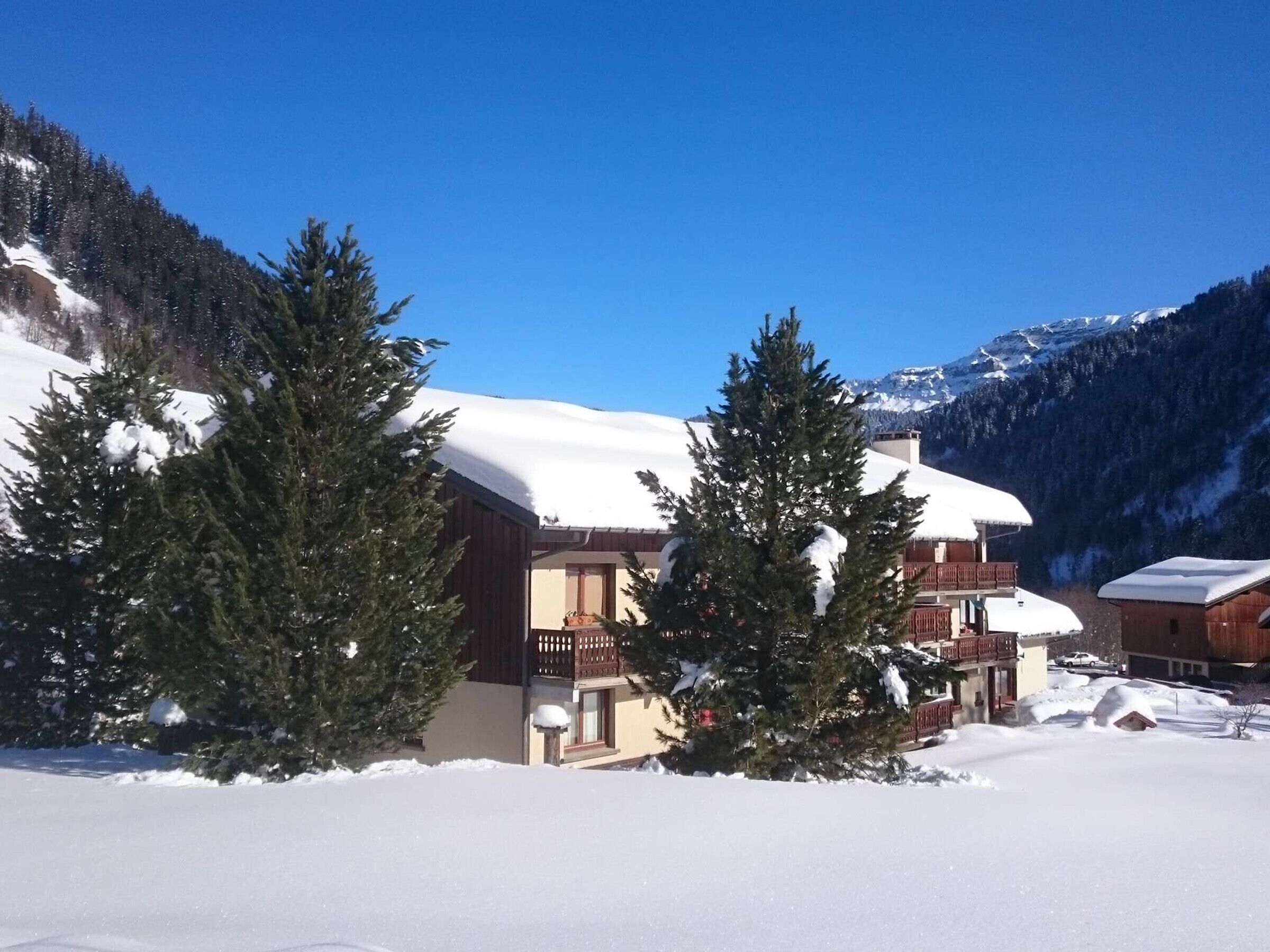 Ein Chalet mit Balkon, umgeben von verschneitem Gelände und Kiefern, mit einem Berg im Hintergrund.