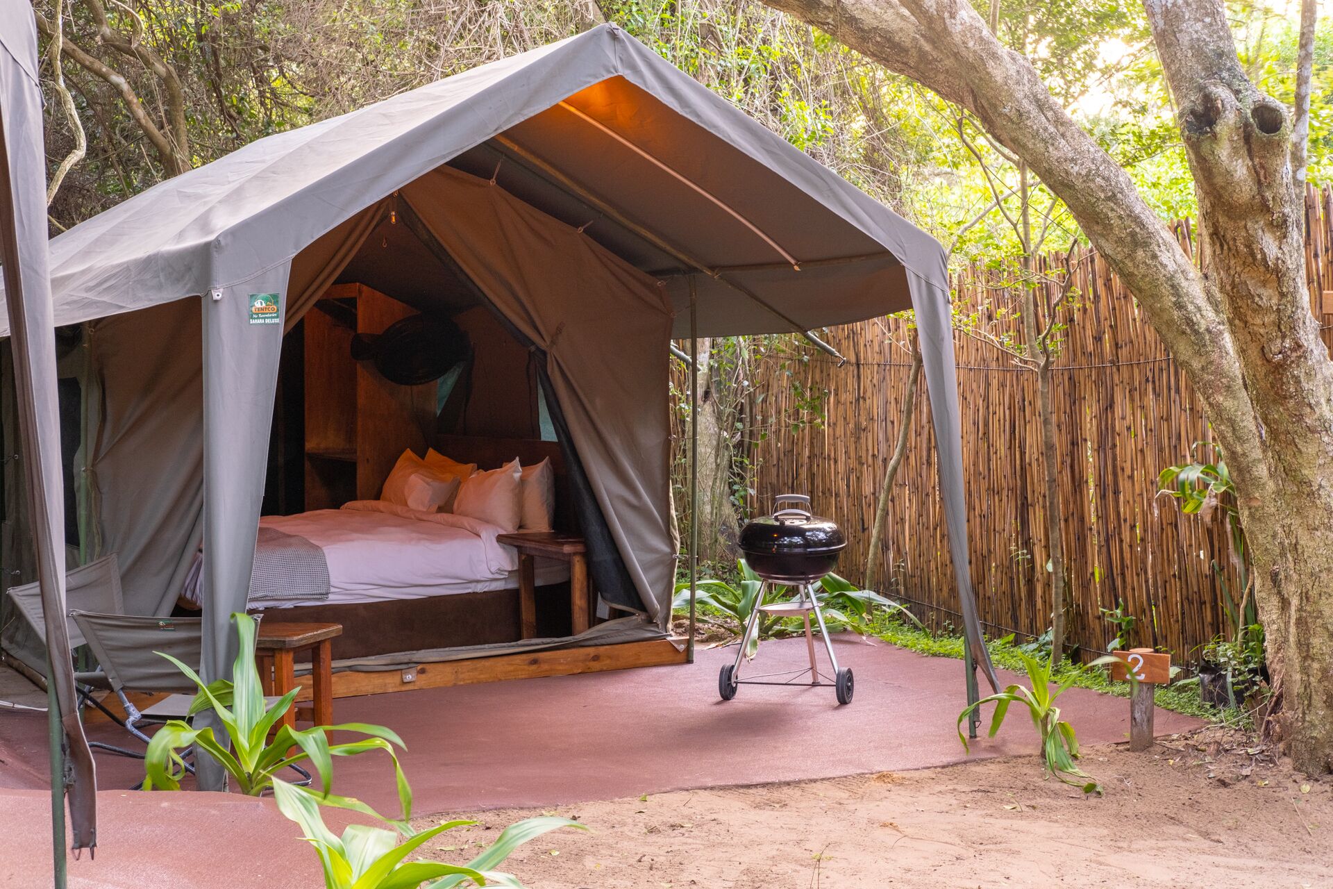 A tent with a bed inside, a portable grill outside, and a bamboo fence in the background.