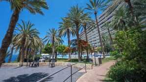 A beachfront hotel with palm trees, a pool area, and a clear blue sky.