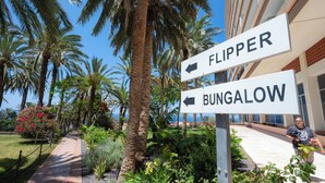 A signpost with directions to 'FLIPPER' and 'BUNGALOW' with a pathway and palm trees in the background.