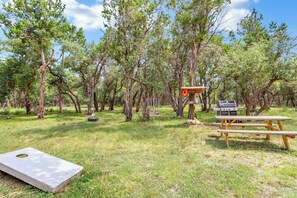 Un espacio al aire libre con mesas de picnic, una parrilla y un tapete.