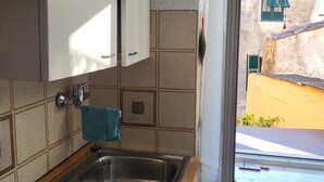 Keittiössä on ruostumattomasta teräksestä valmistettu allas, valkoiset kaapit ja ikkuna, josta avautuu näkymä rakennukseen ja vihreään kasvillisuuteen.