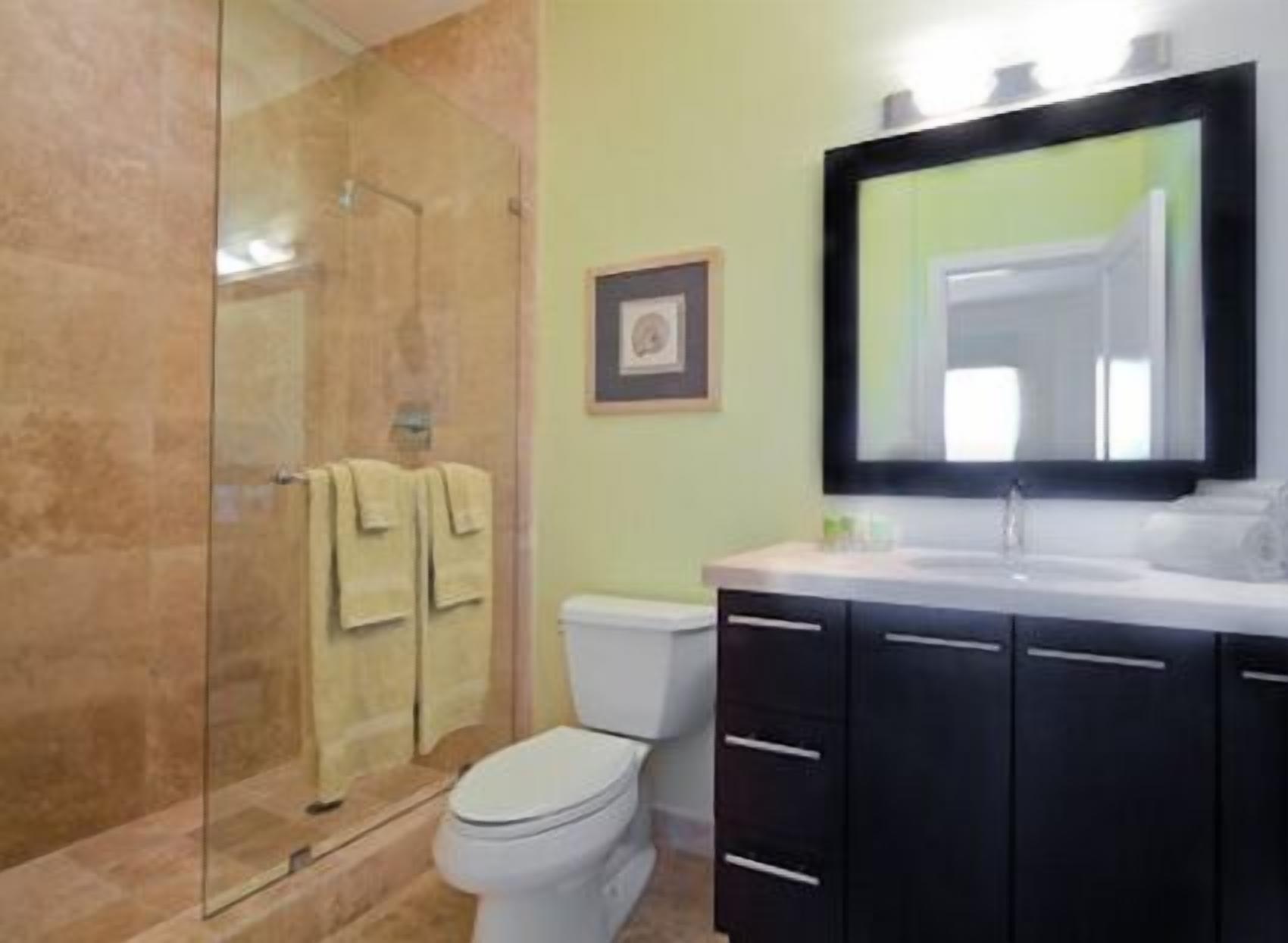 Une salle de bain avec une douche à parois de verre, des toilettes, un lavabo avec un miroir au-dessus et un tableau encadré au mur.