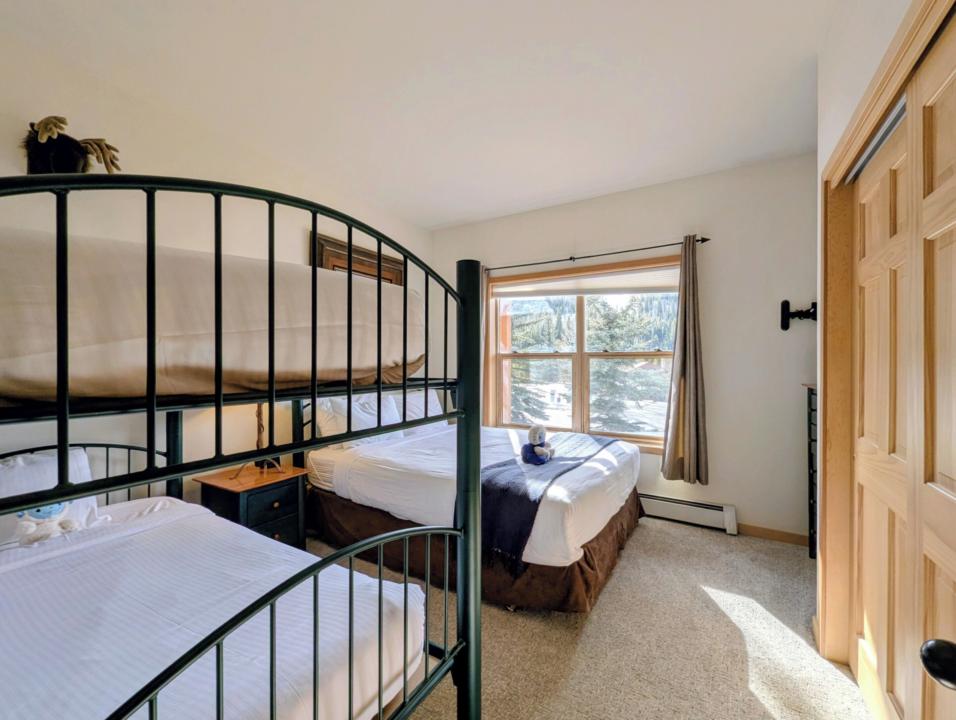 Una habitación con literas, una ventana que da a árboles y una puerta.
