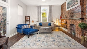 A living room with a blue sofa, a grey sofa, a patterned rug, a fireplace, and a brick wall. - Centrally located in the Tower Grove East neighborhood! (St. Louis)
