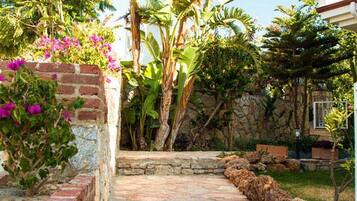 Un chemin de pierres mène à une maison avec un mur en briques et une végétation luxuriante, notamment des bananiers et des plantes à fleurs.