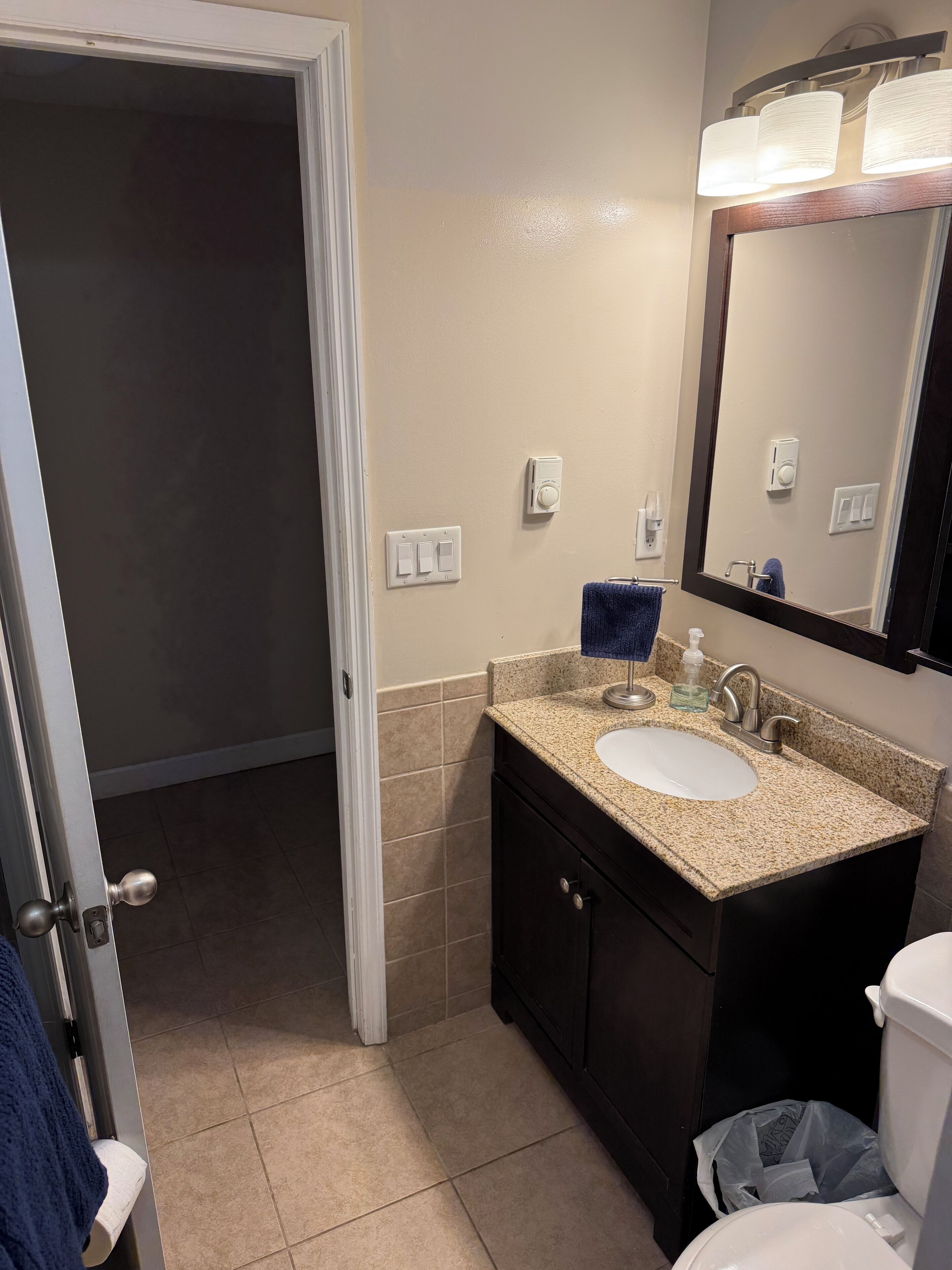 Hair dryer, towels, soap, shampoo