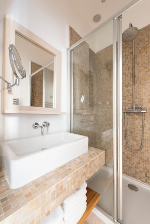 Shower, hair dryer, towels