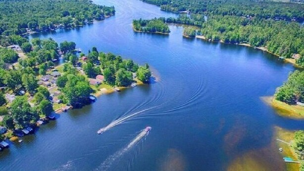 Eine Vogelperspektive auf einen See, der von dichten Wäldern und kleinen Häusern umgeben ist.