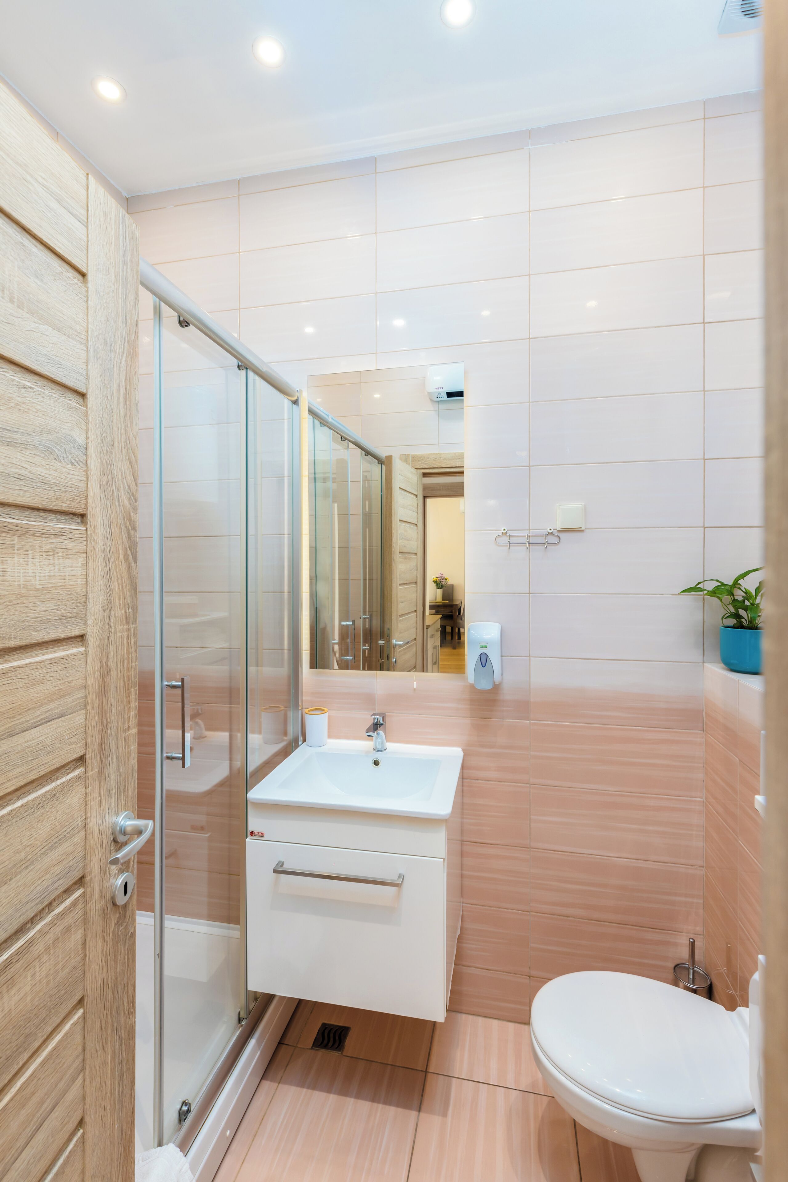 A modern bathroom with a glass shower enclosure, a white sink, and a toilet.