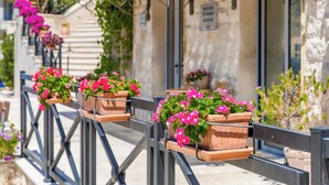 Houten plantenbakken met roze bloemen op een balkon.