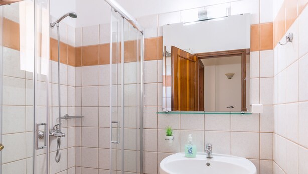 A bathroom with a glass-enclosed shower, a white sink, and a mirror above it.