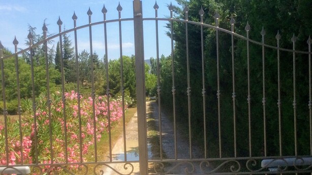 Un sentier bordé d’une clôture en métal et d’une allée de terre qui traverse un jardin où poussent des fleurs roses.