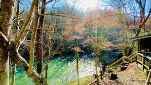 Un río de aguas cristalinas rodeado de árboles, una plataforma de madera y una pequeña construcción tipo cabaña.