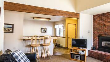 Smart TV, fireplace, foosball