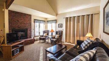 Smart TV, fireplace, foosball