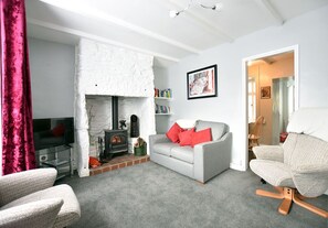 Smart TV, fireplace, books