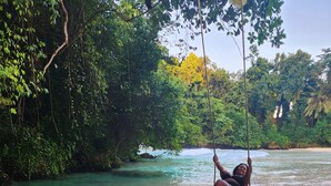 A person on a swing over a beach with clear water and dense foliage in the background. - Pearl Ocean Villa (Saint Margarets Bay)