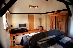 Televisie, een open haard, een dvd-speler en tafelvoetbal