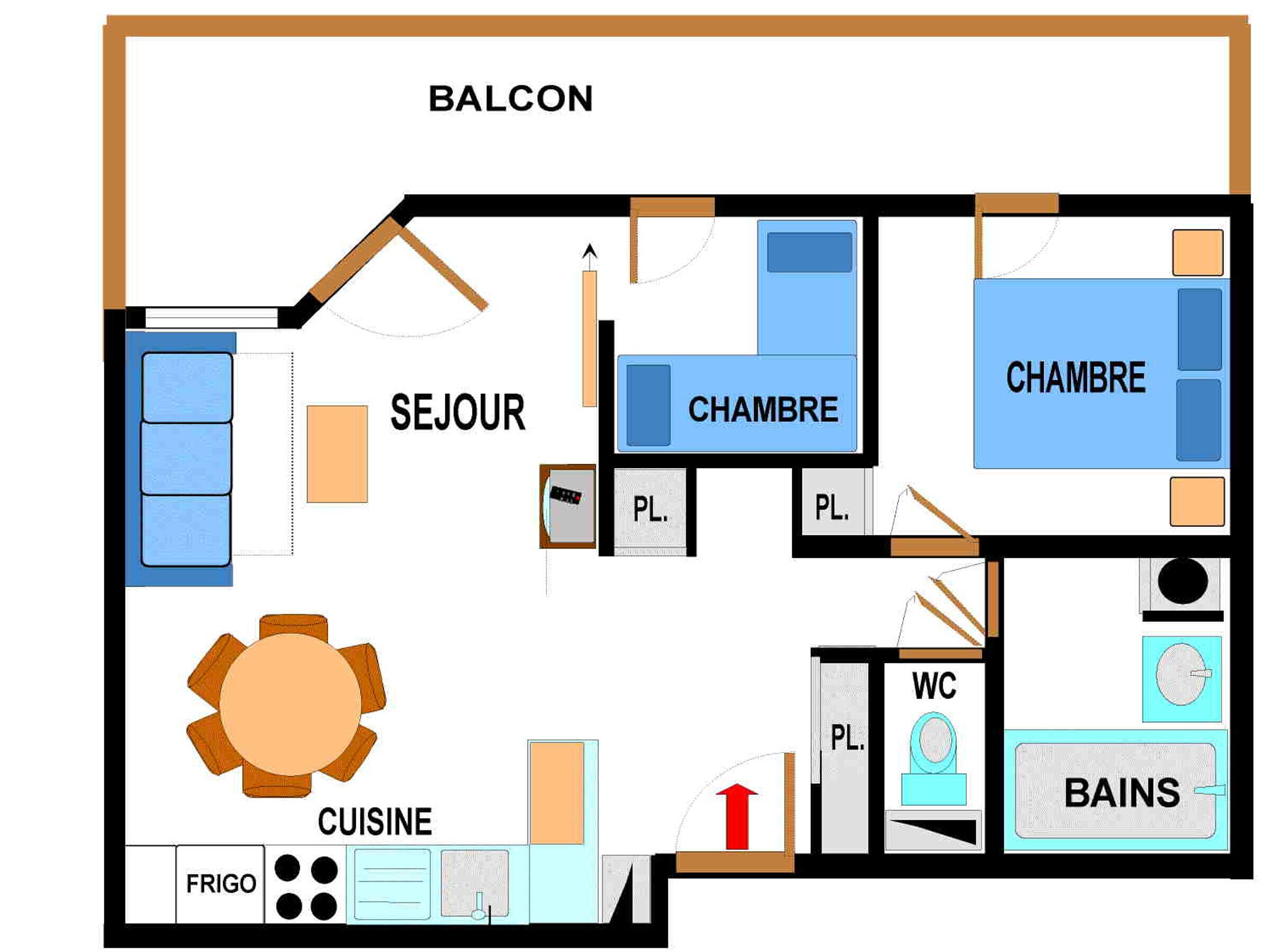 A hotel layout with a balcony, two bedrooms, a living room, a kitchen, a dining area, and a bathroom.