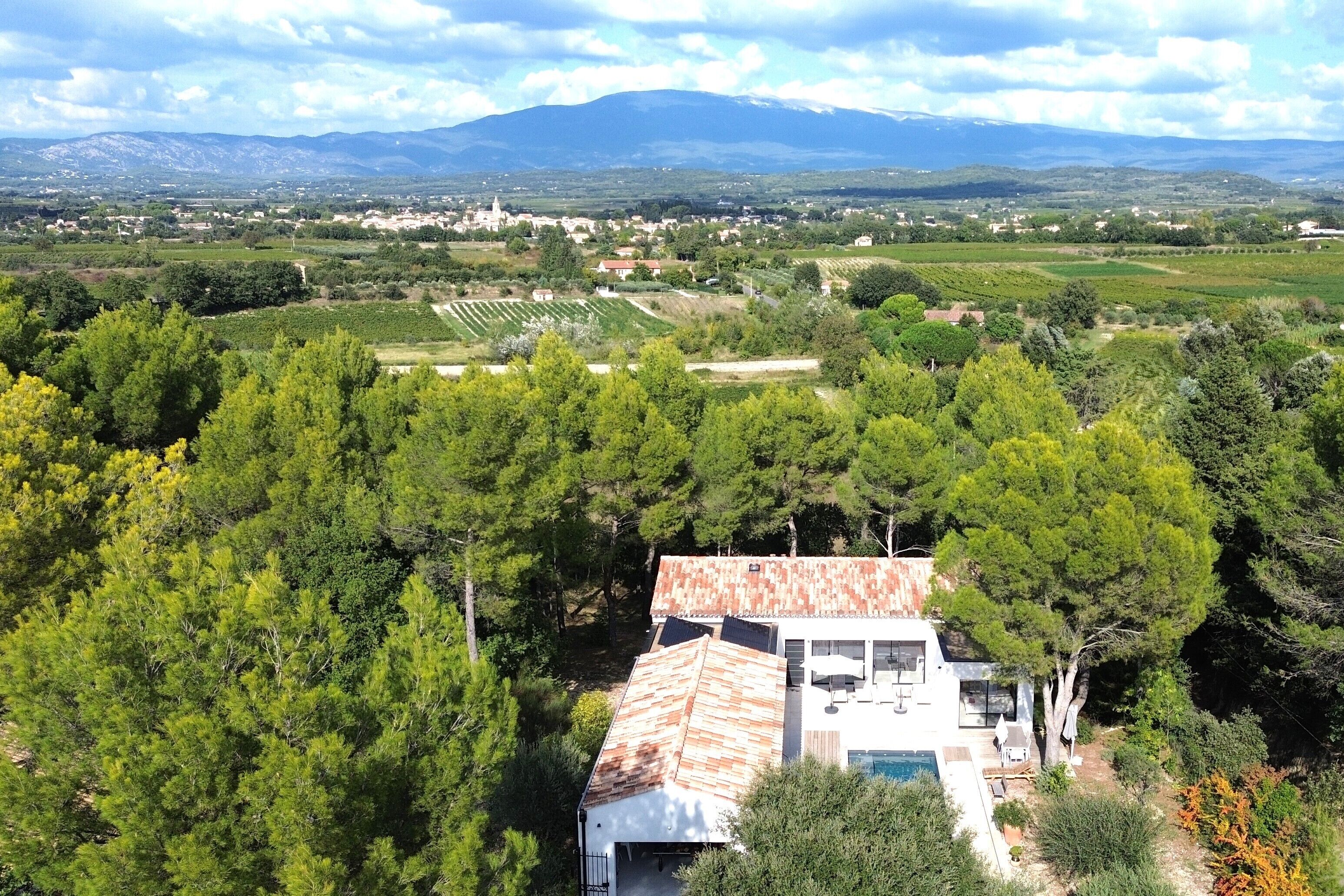 A modern house with a tiled roof, surrounded by lush greenery and a vineyard.