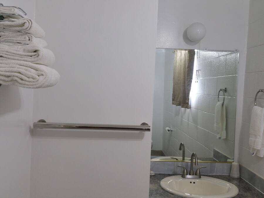 Baño con lavamanos blanco, toallero, espejo y zona de ducha.