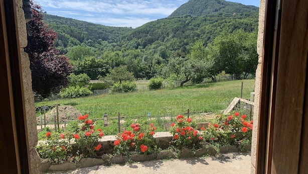 Une vue depuis une fenêtre donnant sur un jardin luxuriant, parsemé de fleurs rouges, et sur un paysage montagneux.