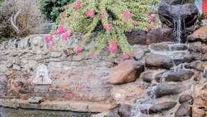 Un muro de piedra con una fuente de agua, que incluye una pequeña cascada y un estanque.