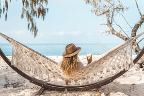 Private beach, white sand, beach towels, snorkeling