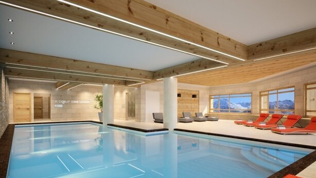An indoor swimming pool with wooden beams, lounge chairs, and a view of mountains through large windows. - Superb 6-person apartment at the foot of the slopes, in the "Coeur des Loges" residence (Les Menuires)
