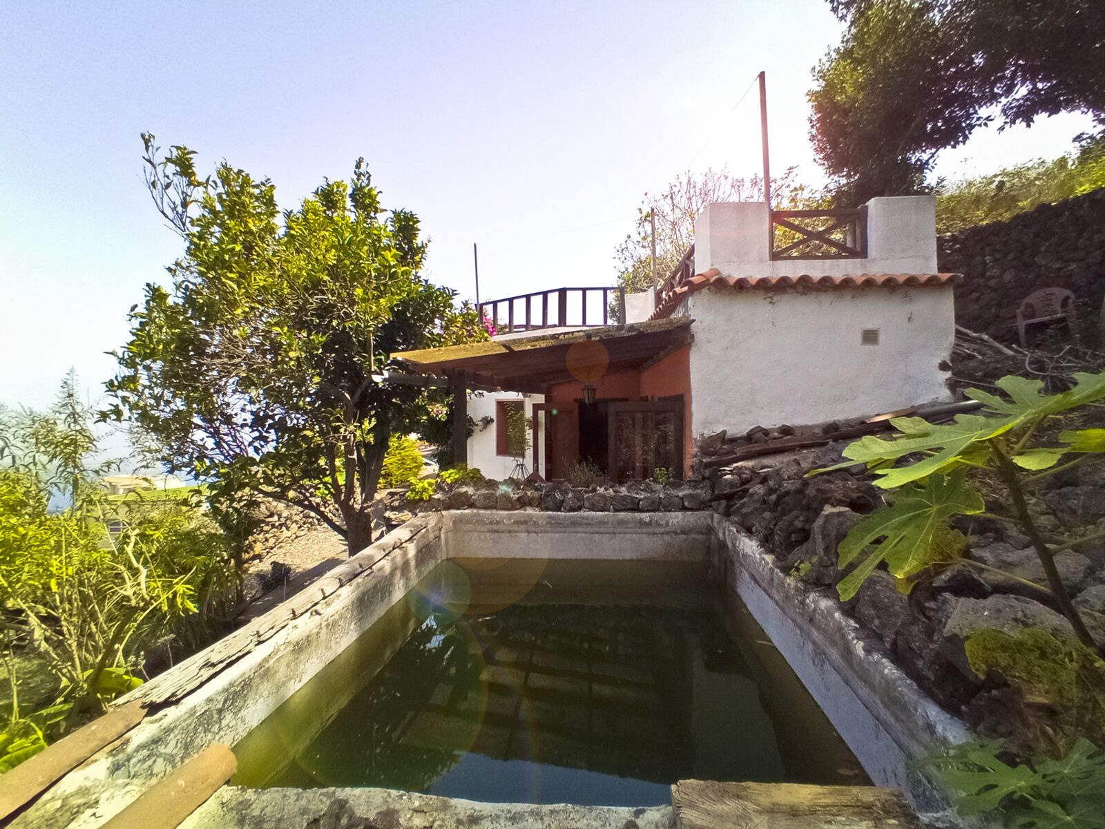 A rustic house with a small pond, surrounded by greenery and a stone wall.