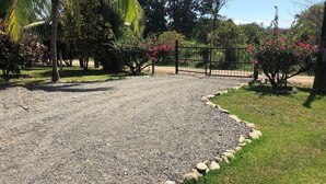 En grusuppfart leder fram till en grind som ger tillträde till området, och runt omkring finns frodig grönska och blommande växter.