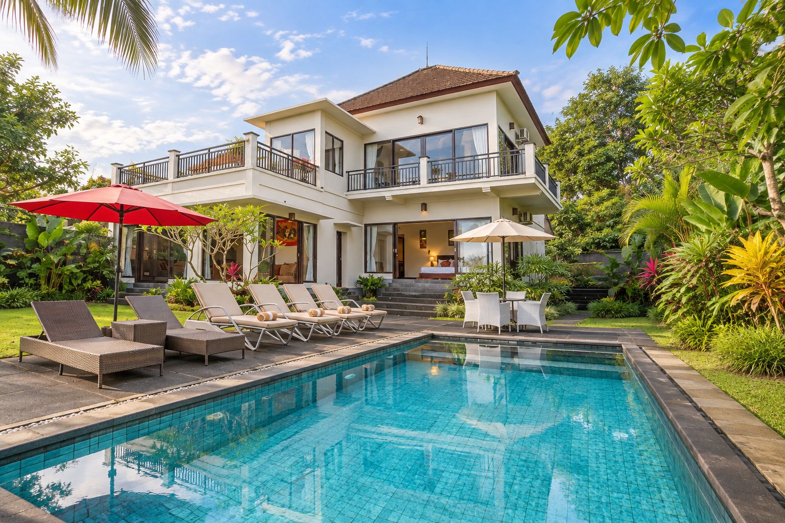 Uma casa de dois andares com piscina, espreguiçadeiras e um jardim.