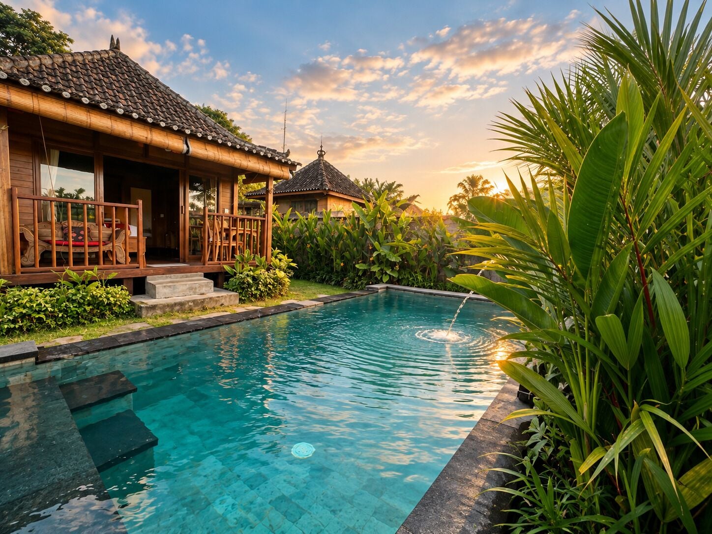 A swimming pool with a wooden house and a traditional roof in the background.
